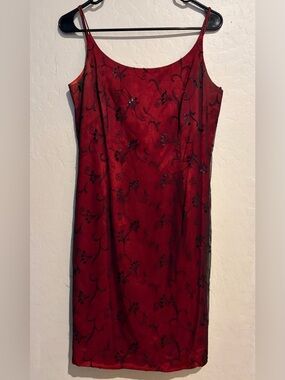 Vintage GEOMETRIE Y2K Red Beaded Cocktail Slip Dress Sheer Overlay- Size 10